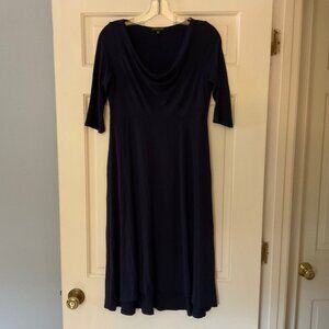 Eileen Fisher Jersey Stretch Cowl Neck Midi Dress French Navy Blue 3/4 Sleeve XS
